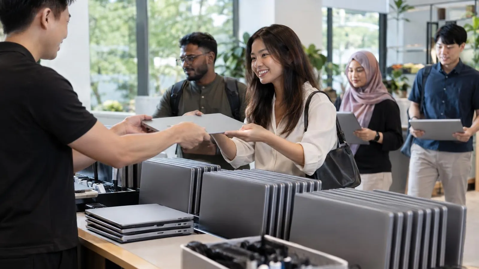 A team collecting rows of identical laptops from a neat rental counter for a training session in a bright space