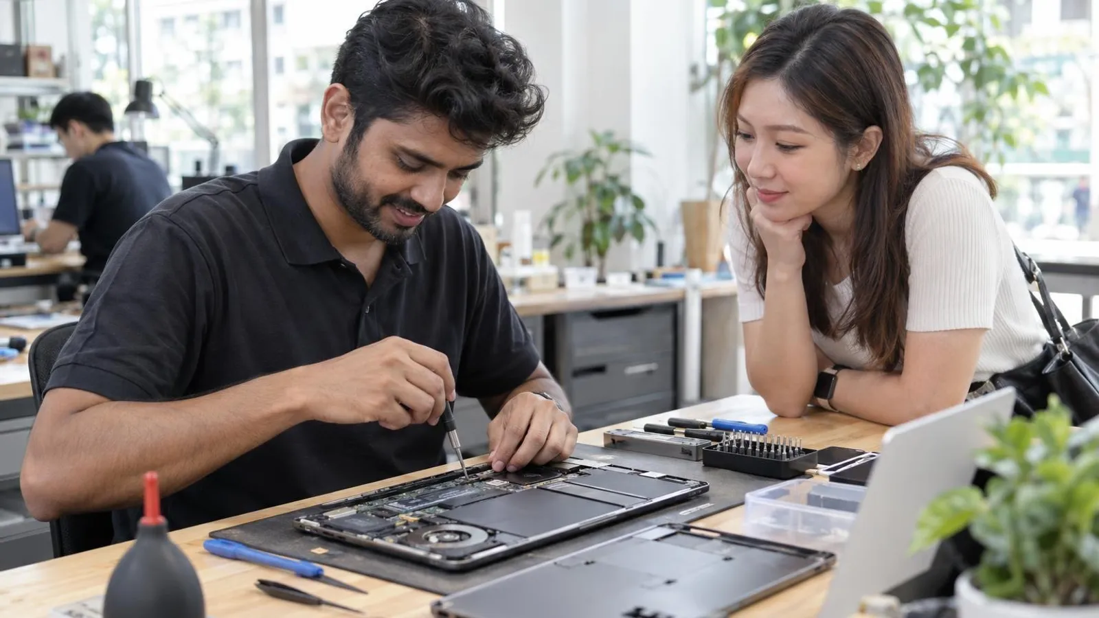 A technician carefully replacing a laptop component at a tidy bright repair bench while a customer looks on
