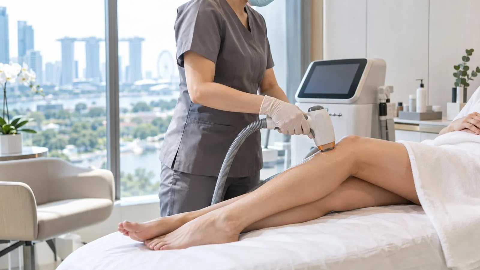 A bright modern laser hair removal treatment room in a Singapore aesthetic clinic