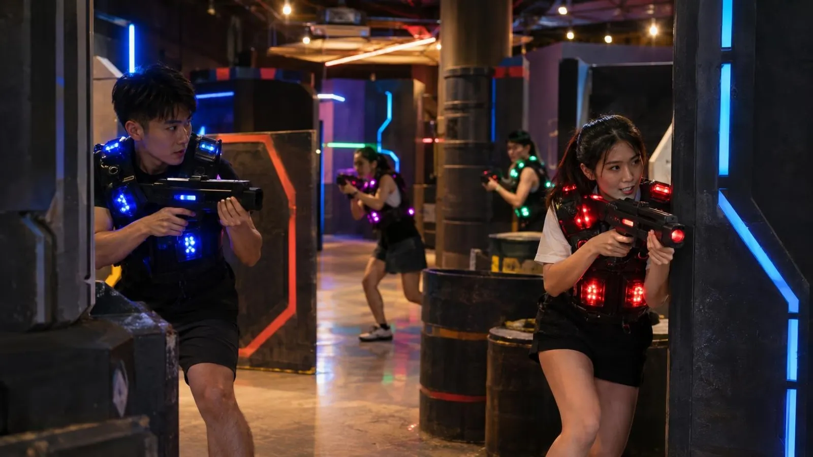 Players in glowing vests with laser-tag phasers in a neon arena in Singapore