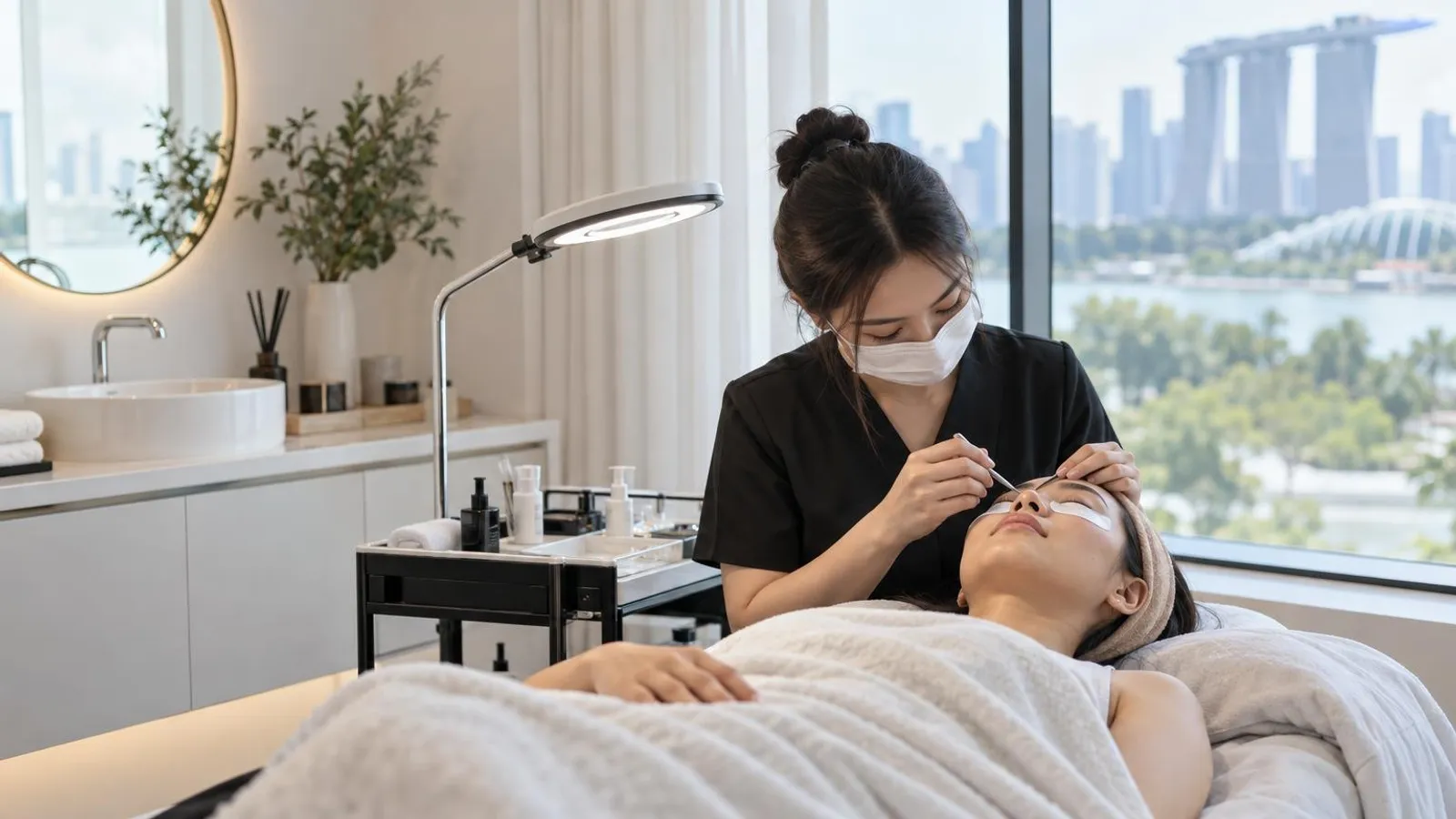 A bright calm lash lift and brow lamination studio in Singapore with a clean treatment bed