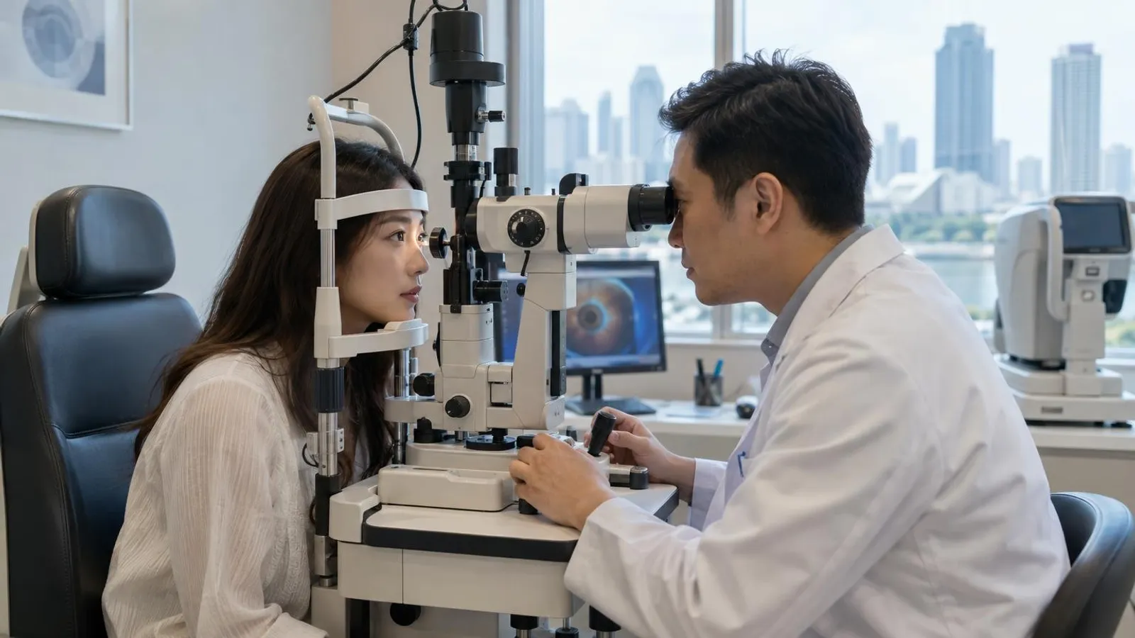 An eye specialist examining a patient with a slit lamp at a Singapore LASIK clinic