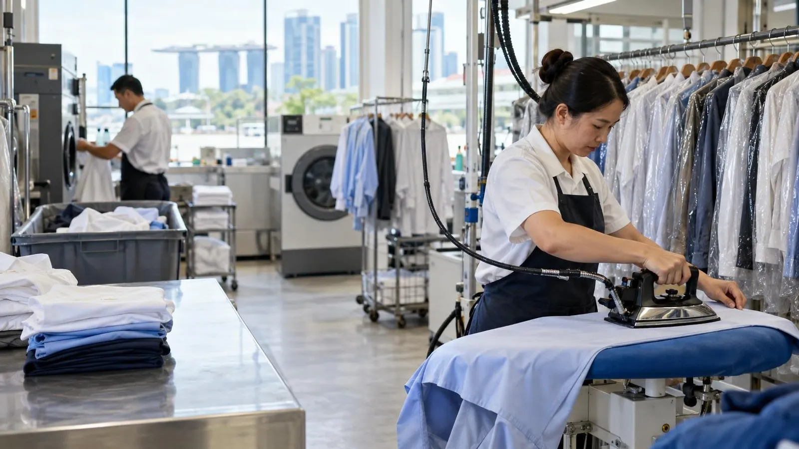 Staff pressing garments among racks at a Singapore laundry and dry-cleaning shop