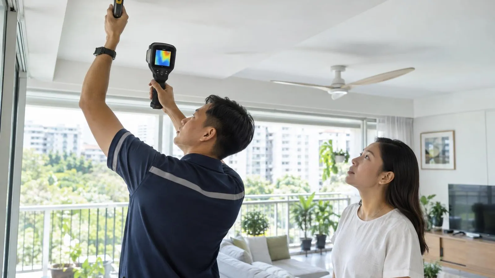 A technician using a handheld thermal camera on a bright apartment ceiling while a homeowner watches