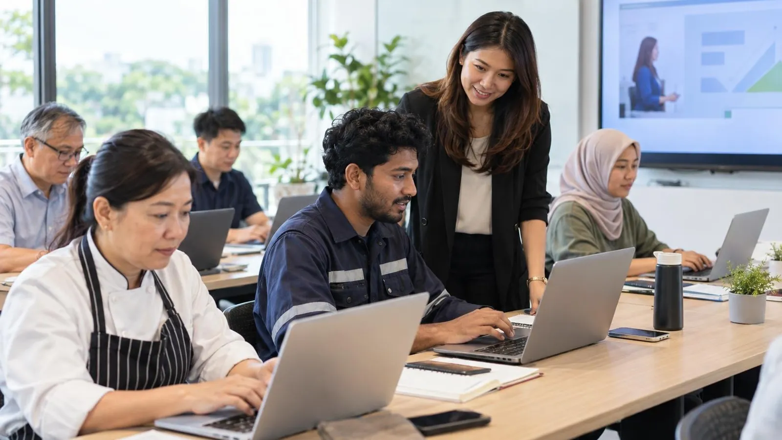 Employees taking an online course on laptops in a bright modern training room while a facilitator walks around