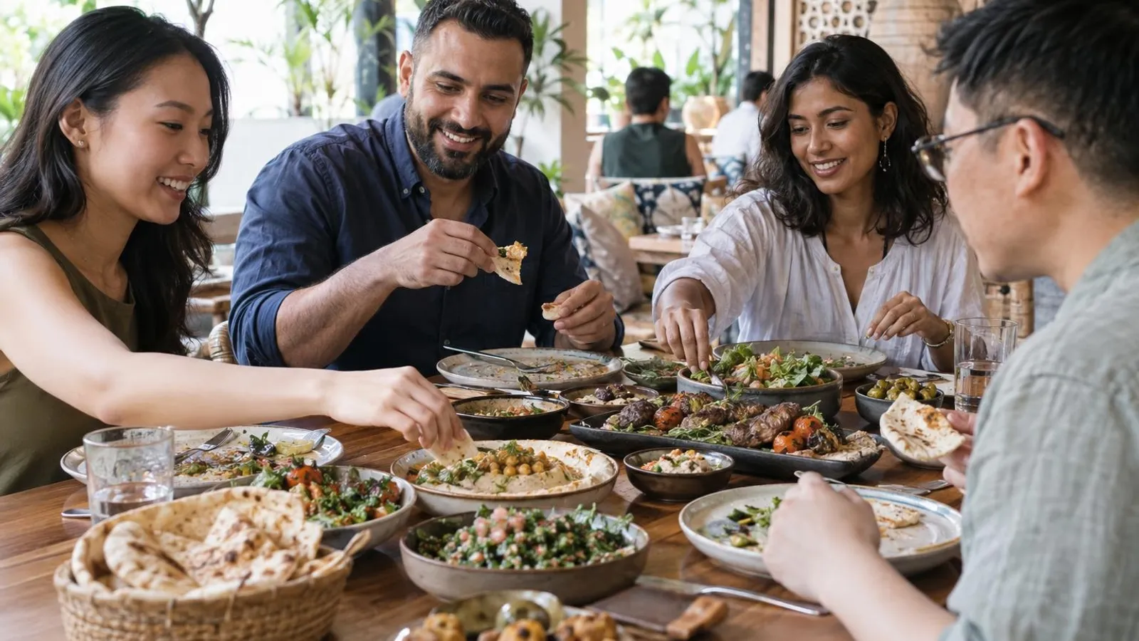 Friends sharing a spread of mezze and flatbread at a Lebanese restaurant in Singapore