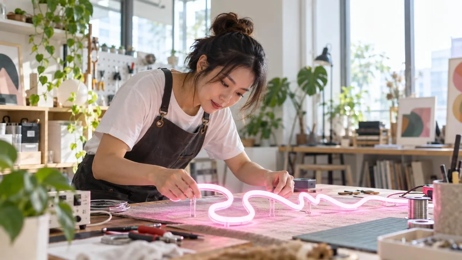 LED Neon Sign Makers: a customer and a provider in a bright, modern setting