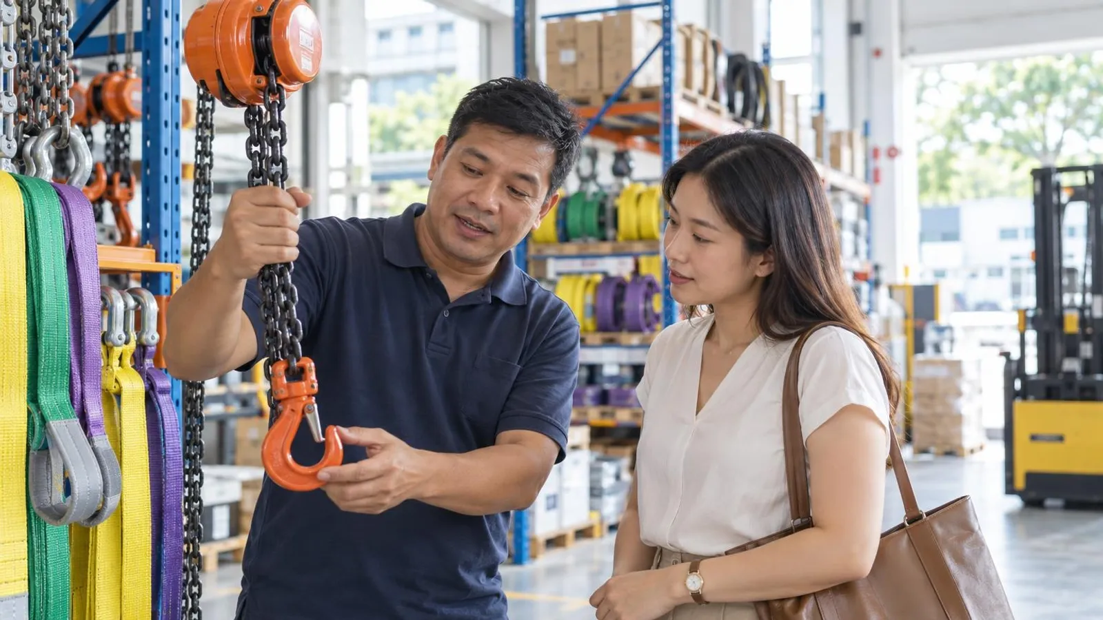 Lifting Equipment and Hoist Suppliers: a customer and a provider in a bright, modern setting