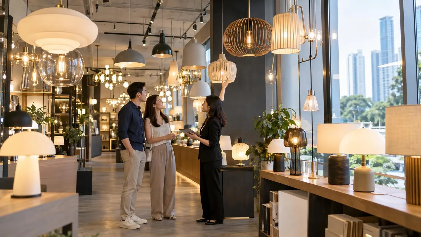 A Singapore lighting showroom of glowing pendant lights, chandeliers and lamps