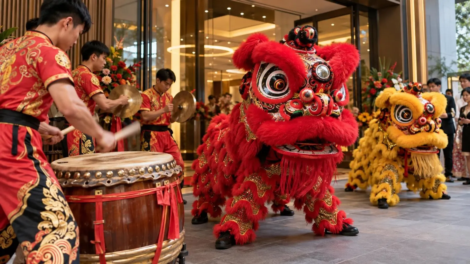 A red and yellow lion dance performance with drummers at a Singapore business opening