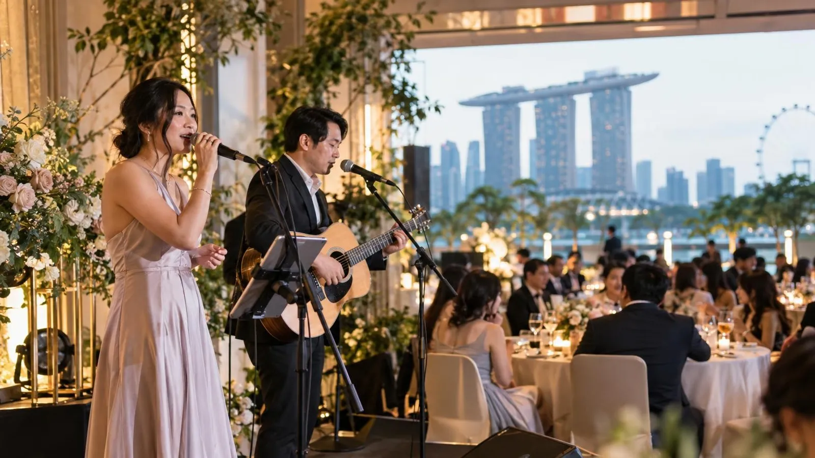 A singer and guitarist performing live at a Singapore wedding reception