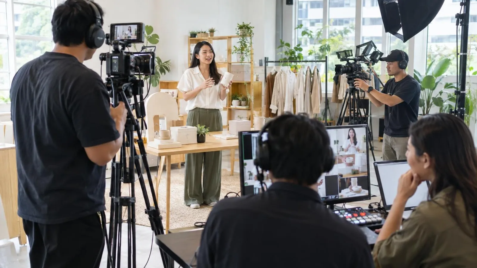 A small crew running a multi-camera livestream from a bright studio with a presenter and a switcher desk