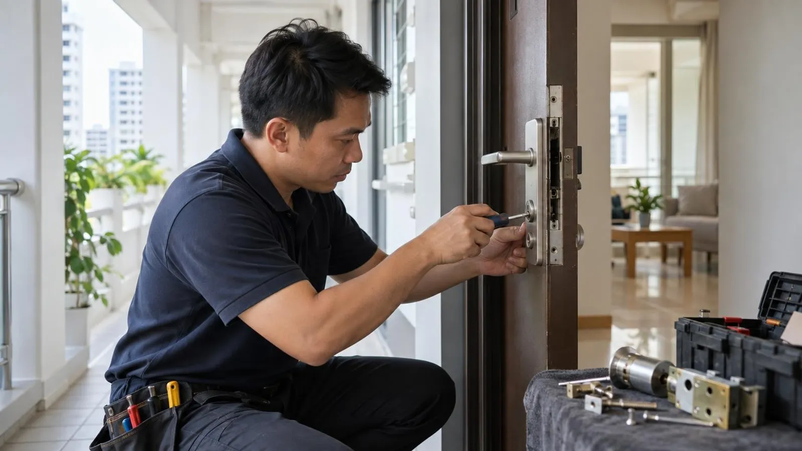 A locksmith fitting and repairing a lock on an HDB front door in Singapore