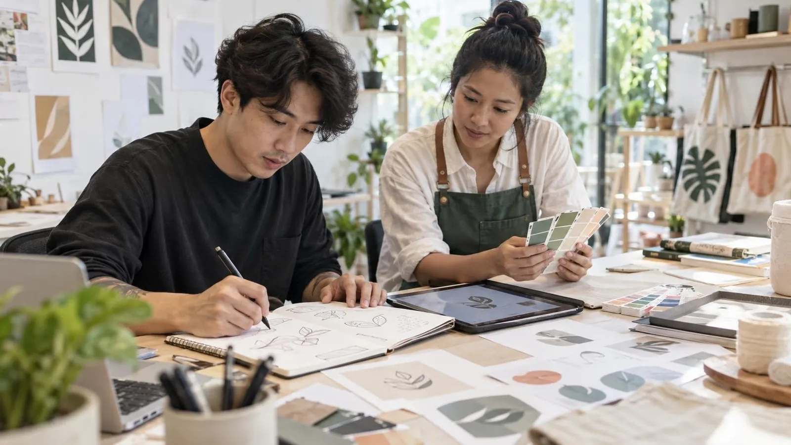 A designer sketching logo concepts while a business owner looks at colour swatches