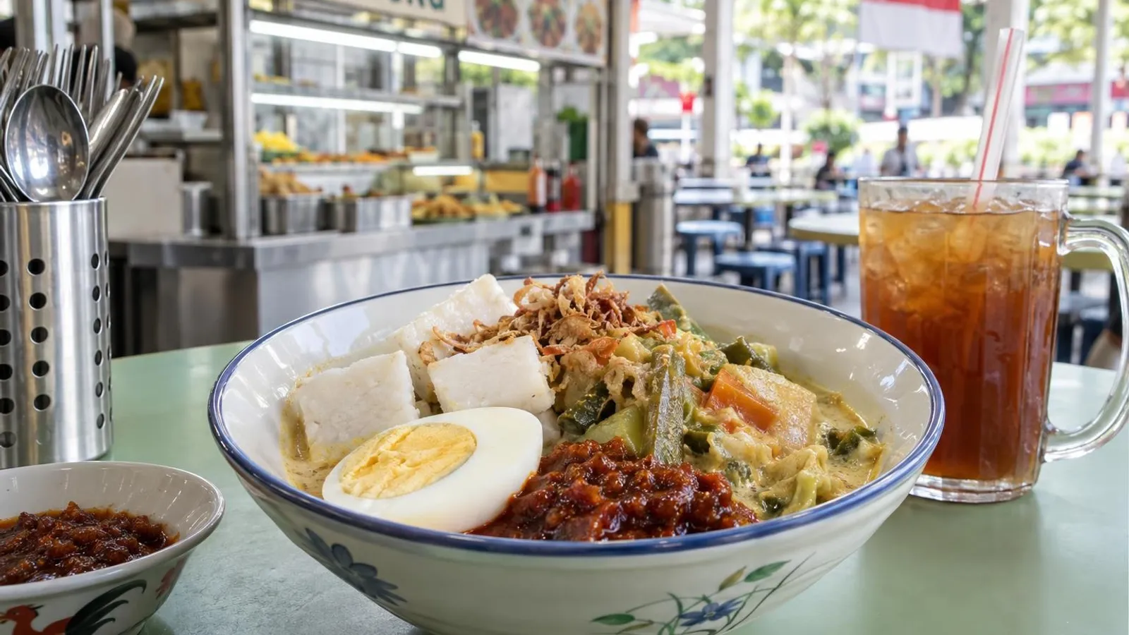 A bowl of lontong with rice cakes, coconut vegetable stew, egg and sambal at a bright Singapore hawker stall