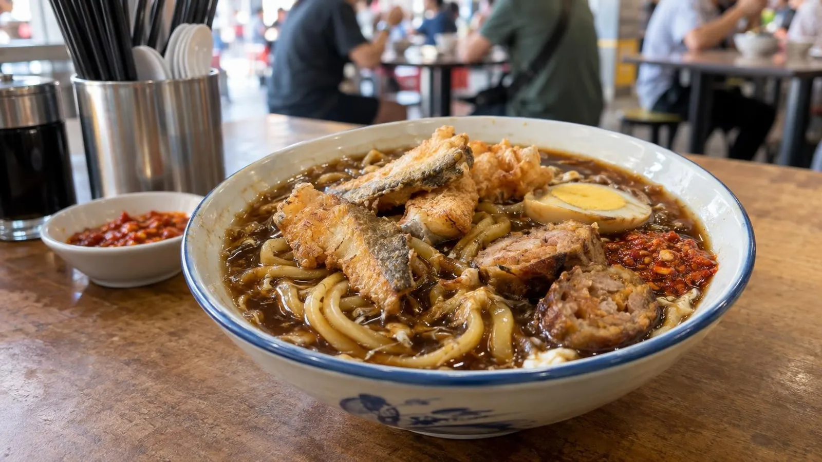 A bowl of lor mee in thick dark starchy gravy with fried fish and braised egg in Singapore