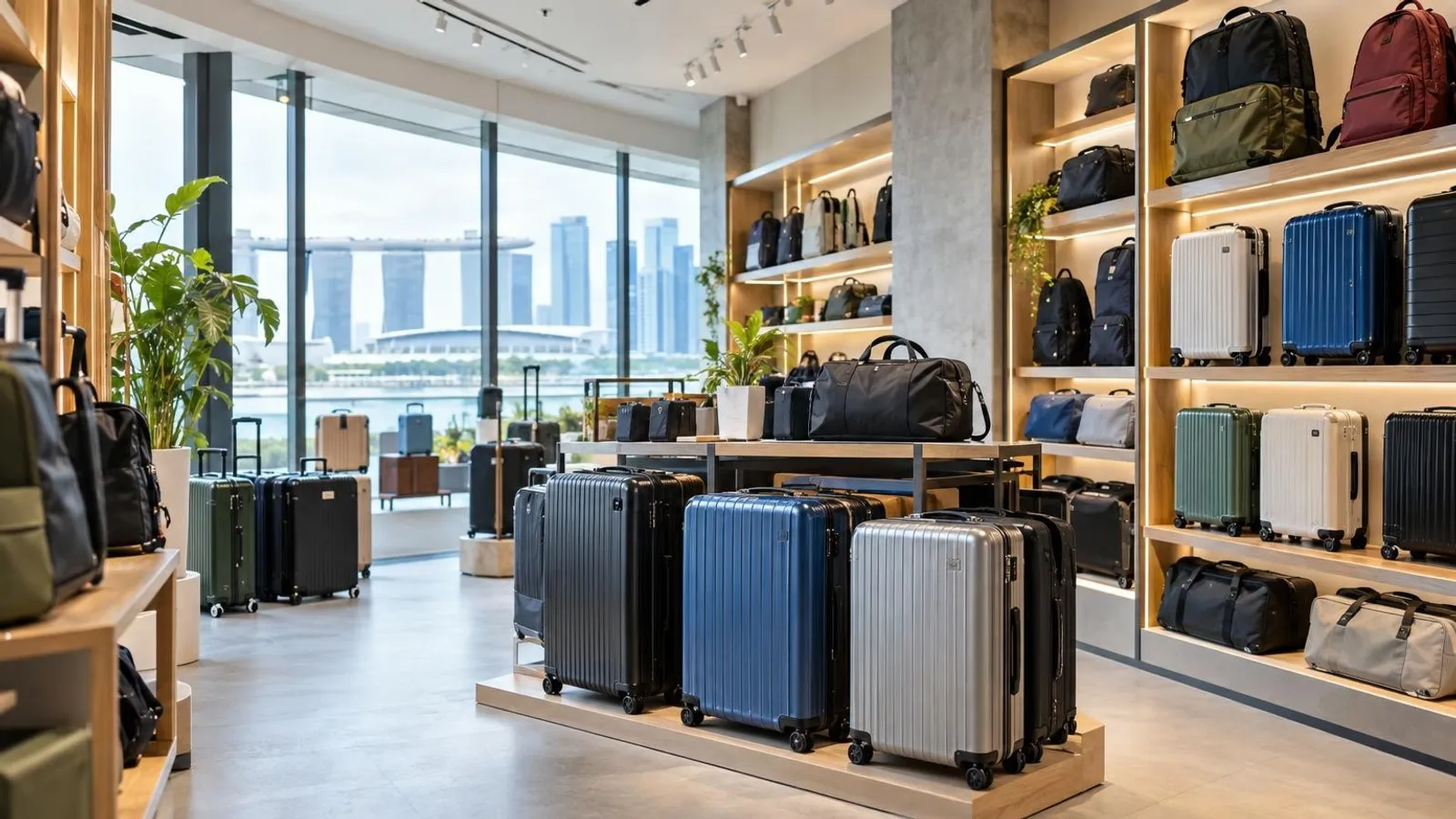 A modern luggage and travel bag shop in Singapore with suitcases and carry-ons on display