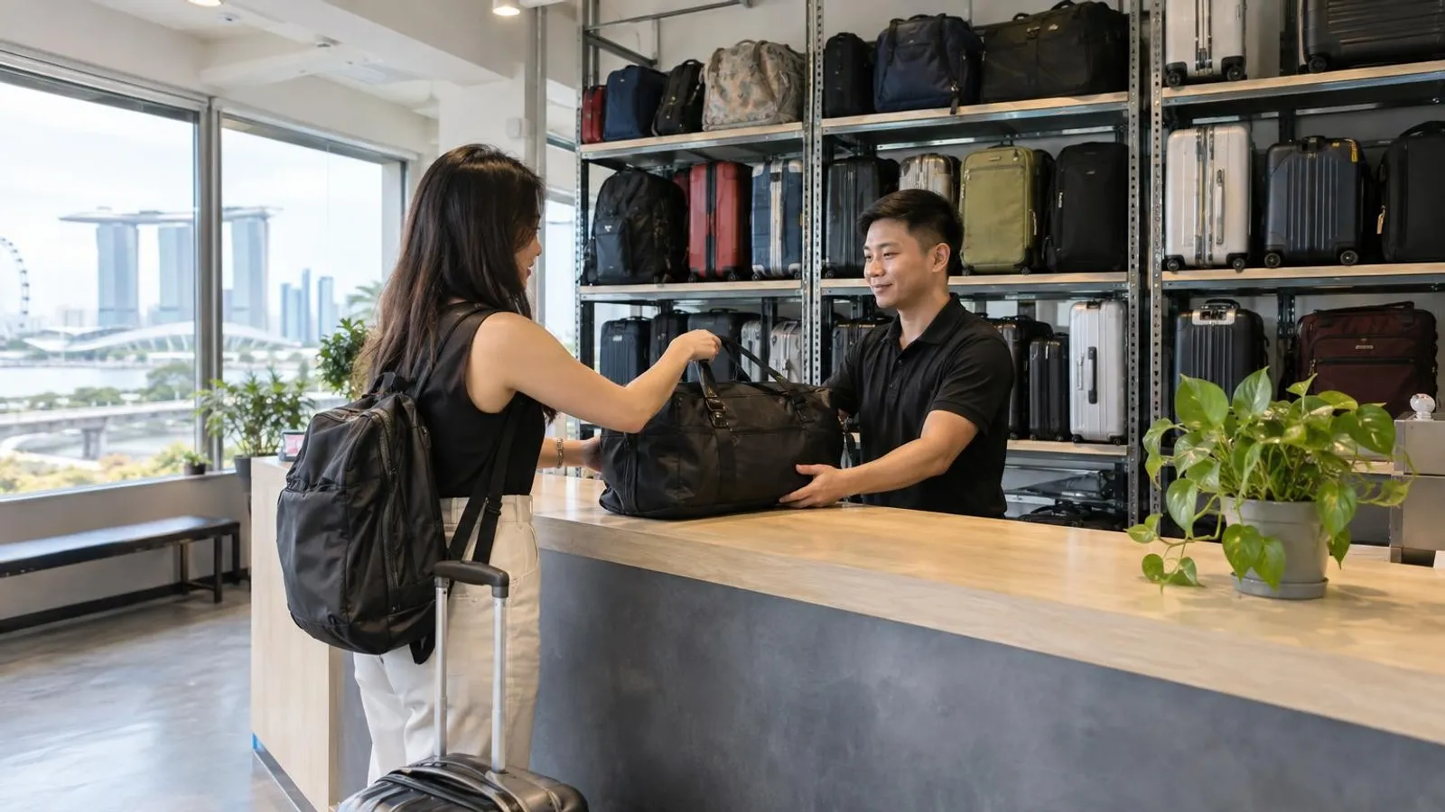 A traveler dropping off a bag at a Singapore luggage-storage counter stacked with suitcases