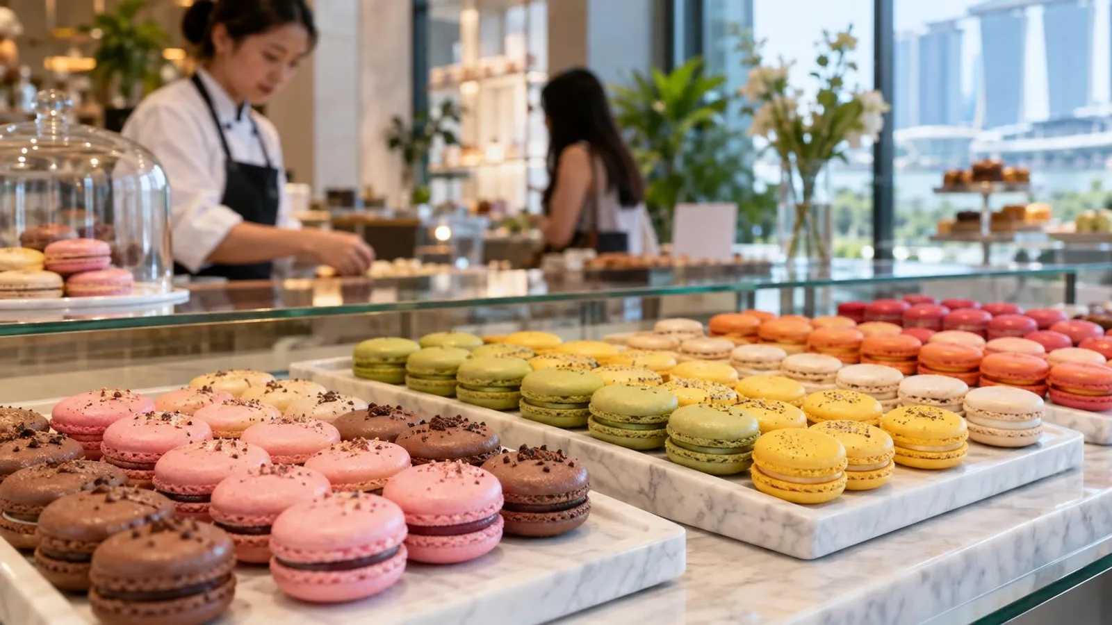 A colourful assortment of French macarons in neat rows at a Singapore patisserie