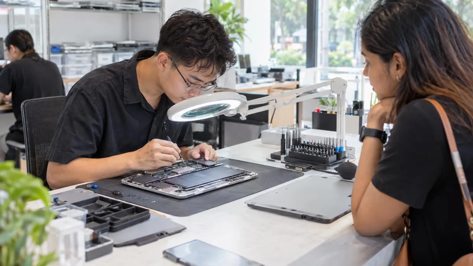 A technician using fine tools on the open internals of a silver laptop at a bright repair studio while a customer waits