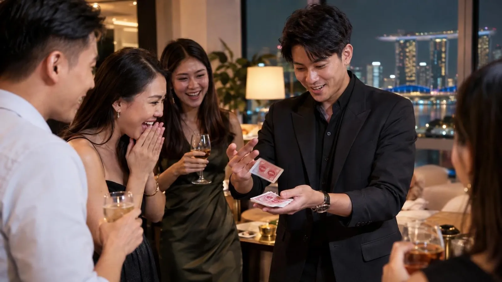 A magician performing close-up card magic to a delighted audience at a Singapore event