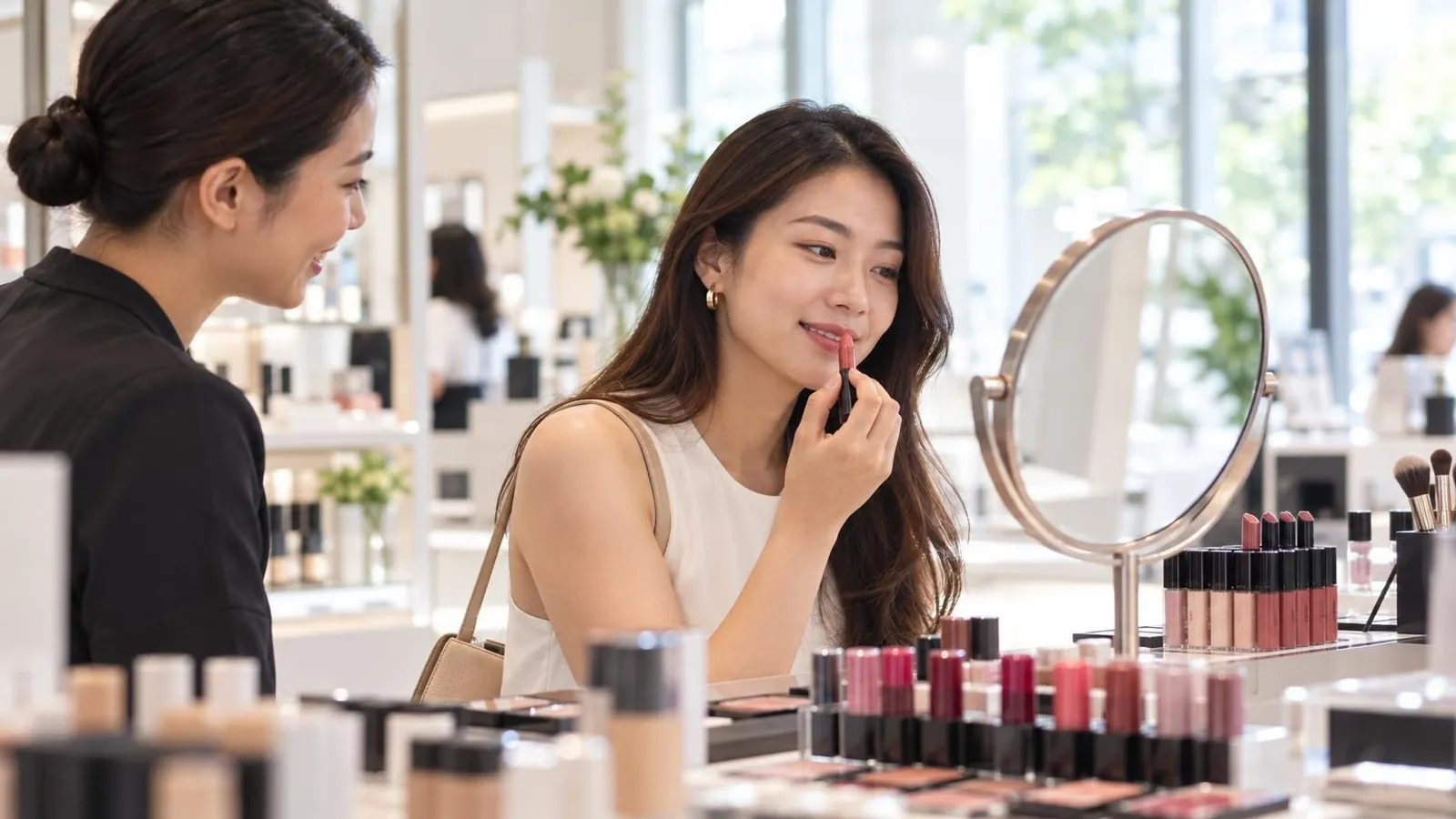 Makeup and Cosmetics Shops: a customer and a provider in a bright, modern setting