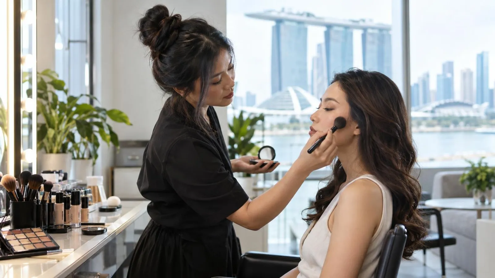 A makeup artist applying makeup with a brush to a seated client in a bright Singapore studio