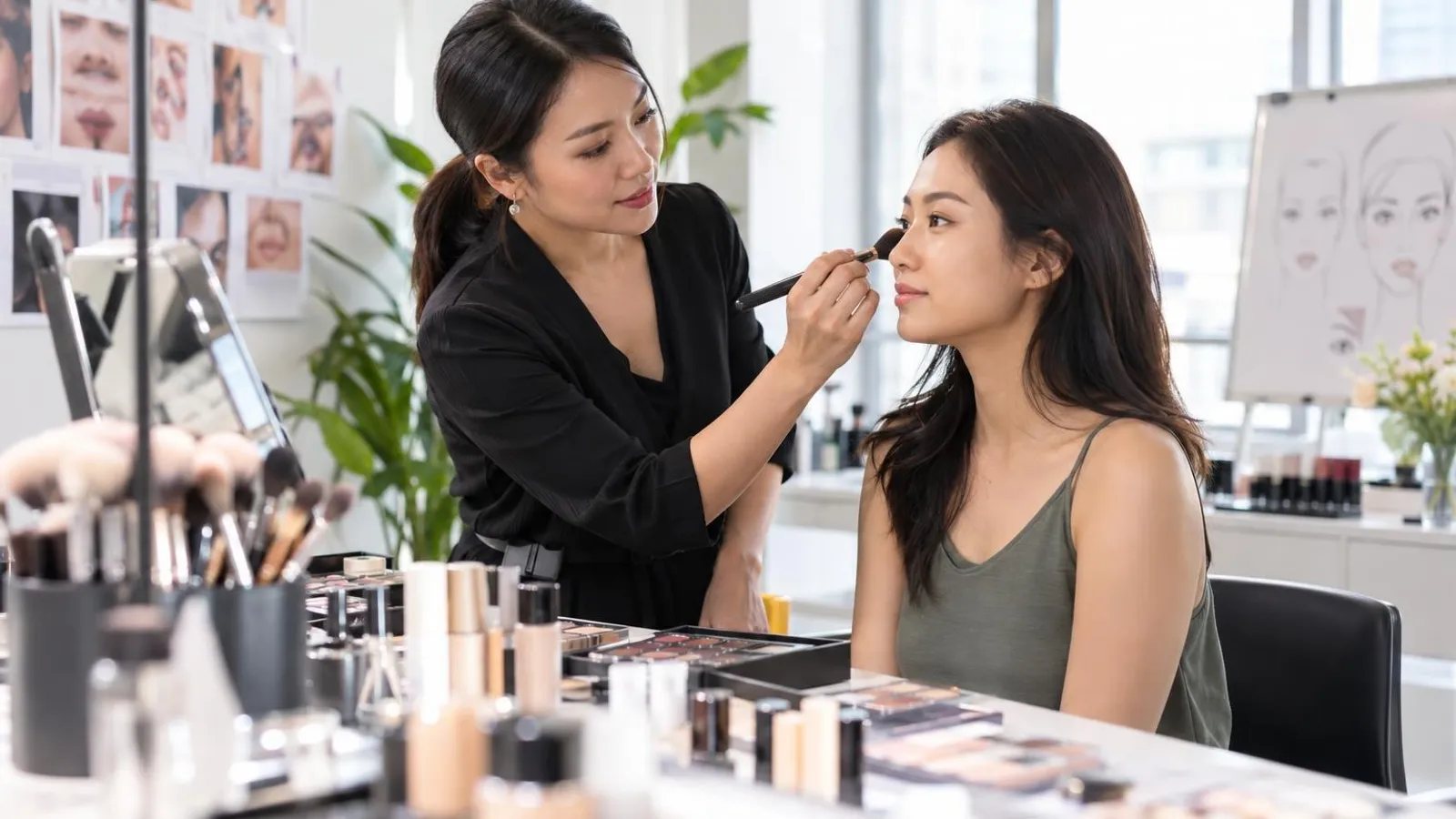 Makeup Courses: a customer and a provider in a bright, modern setting