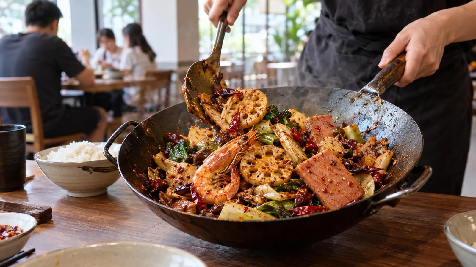 A bowl of mala xiang guo with vegetables, sliced meat and dried chilli at a Singapore stall