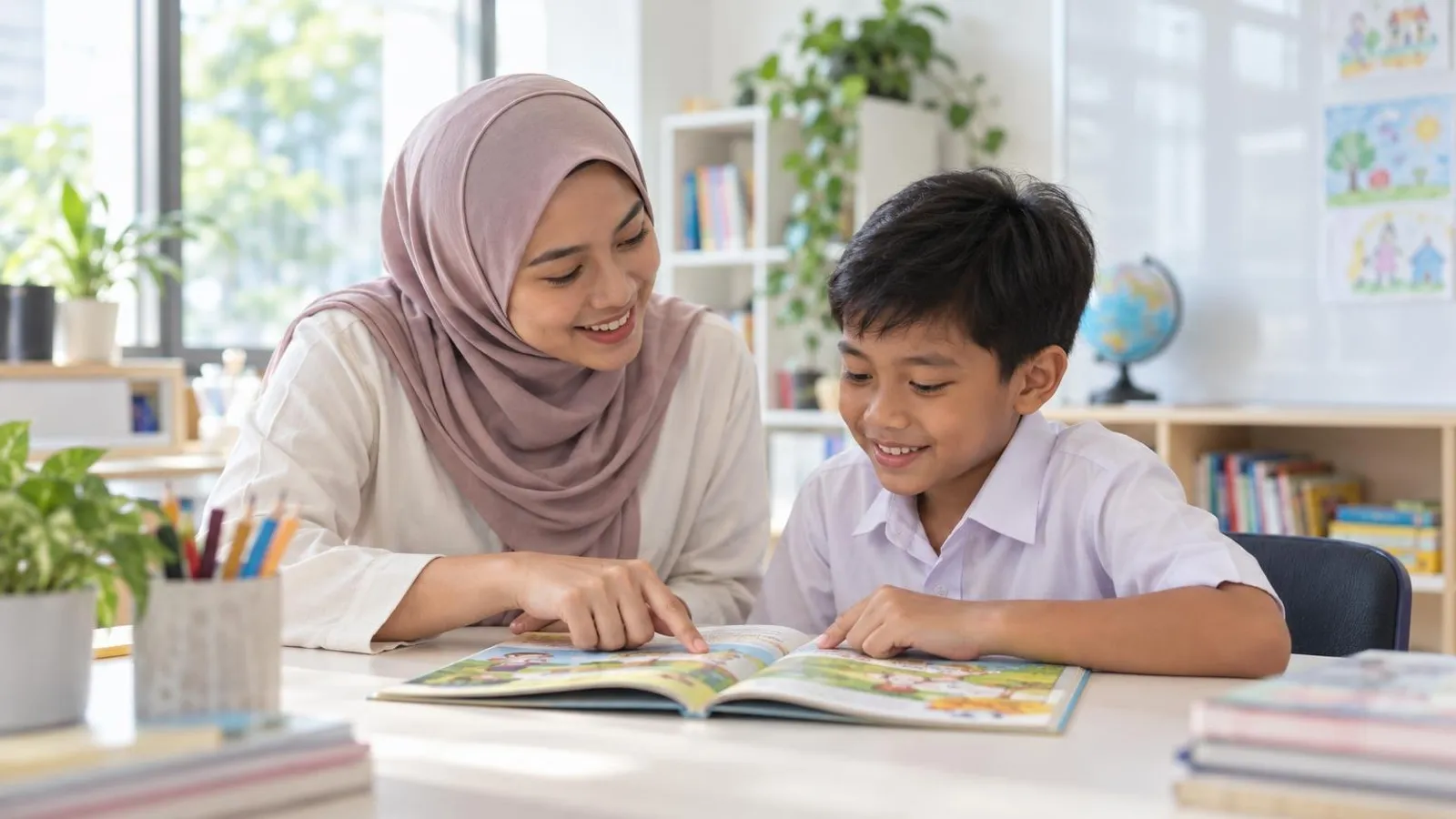 Malay Language Tuition Centres and Tutors: a customer and a provider in a bright, modern setting