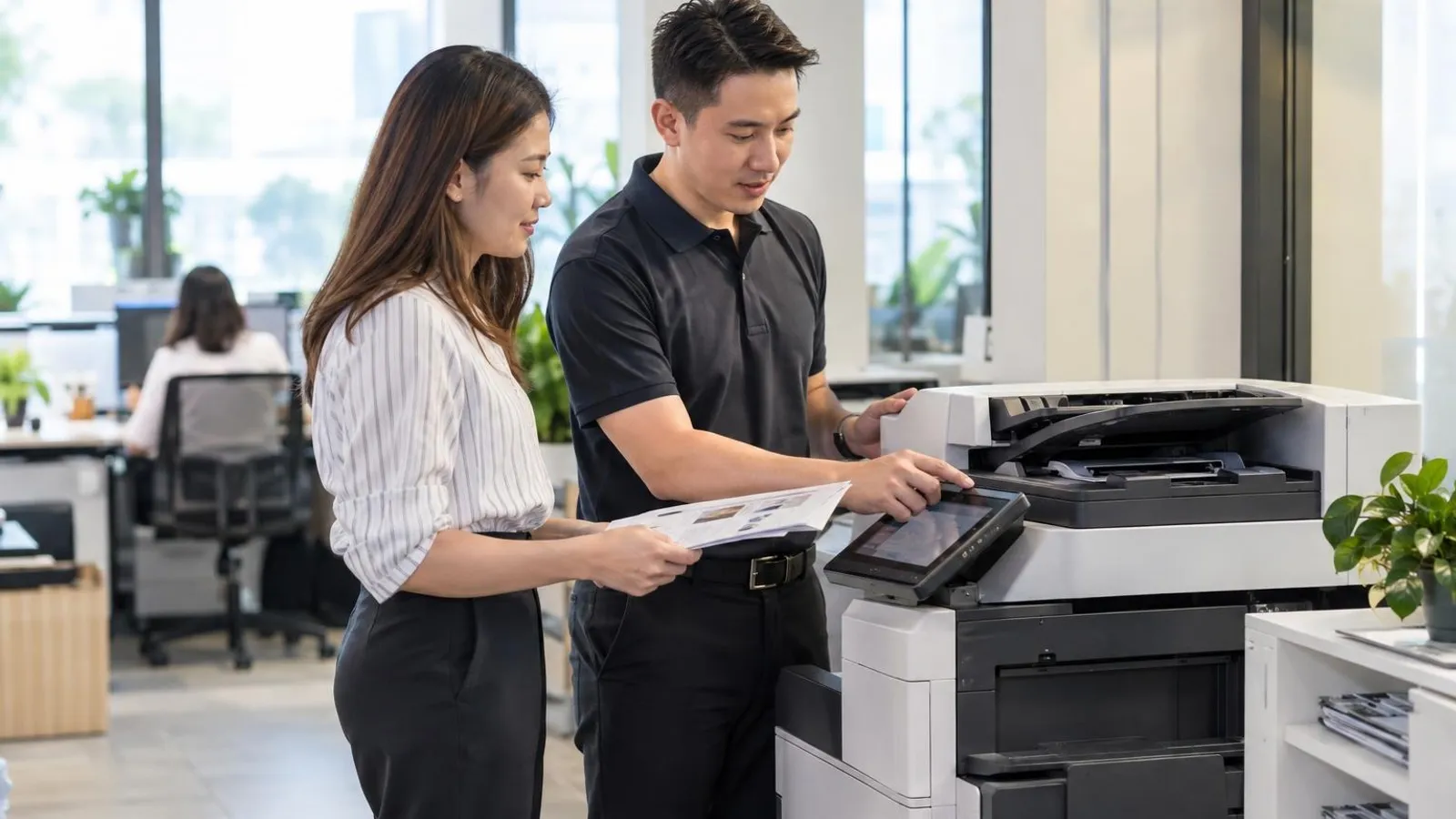 Managed Print Services: a customer and a provider in a bright, modern setting