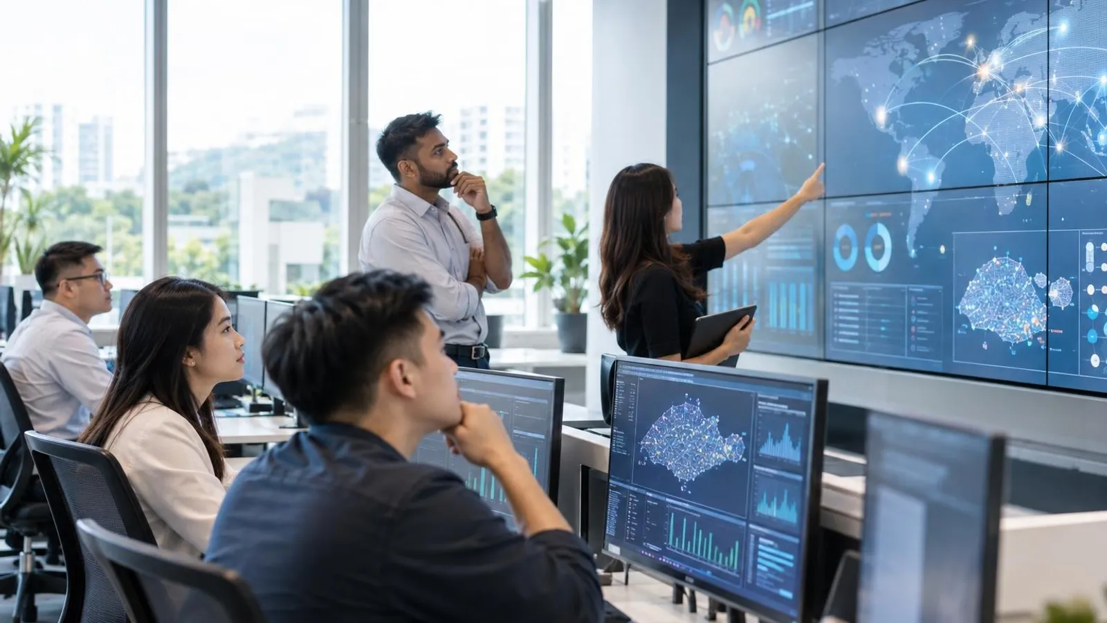 Security analysts monitoring abstract dashboards on a wall of screens in a bright modern operations room