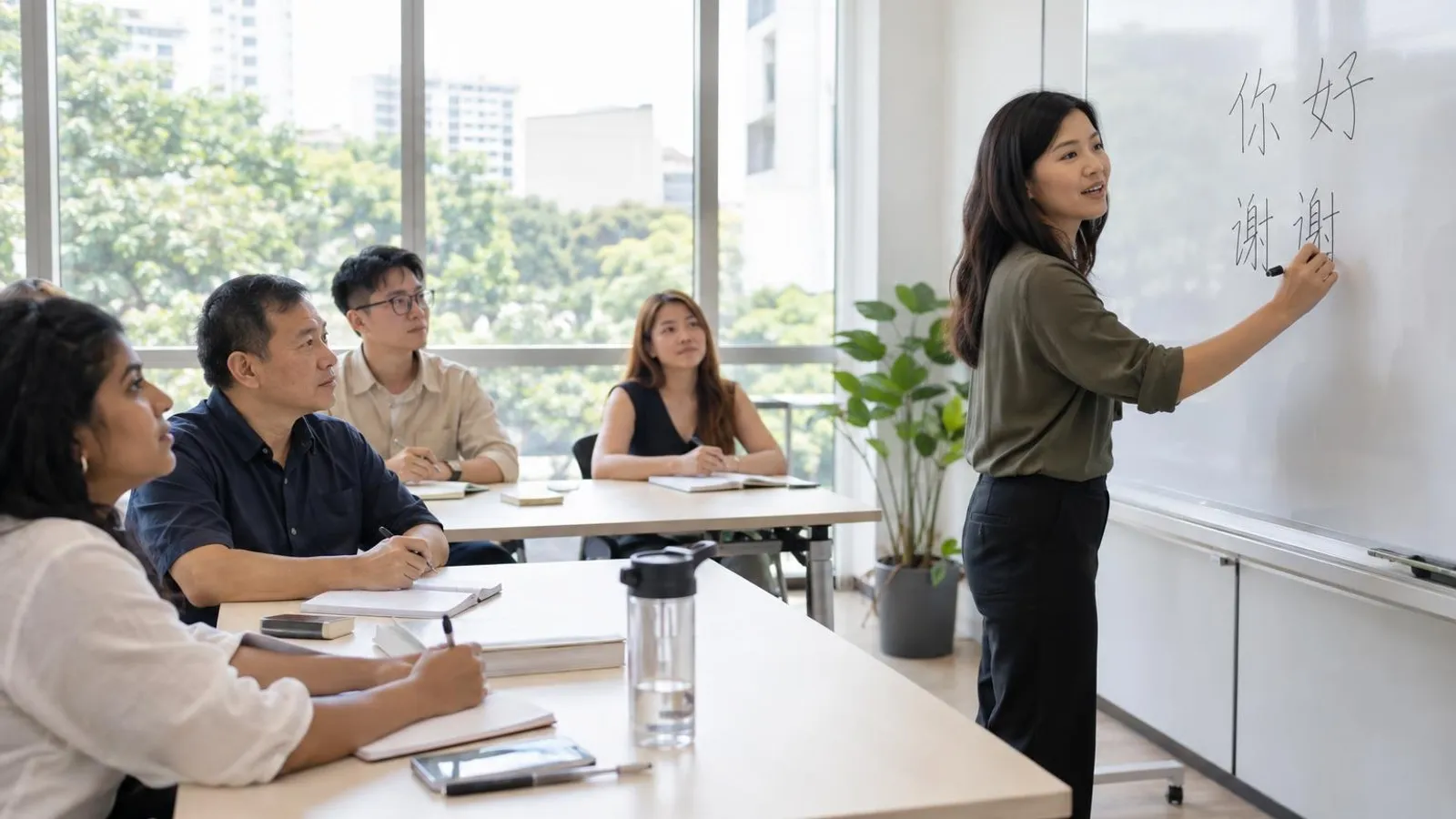 Adult learners in a bright classroom as a teacher writes Chinese characters on a whiteboard