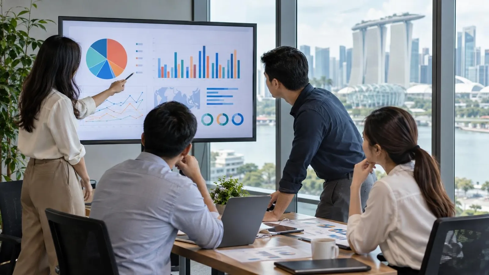 A market research team reviewing charts and consumer-insight dashboards in a bright modern Singapore office