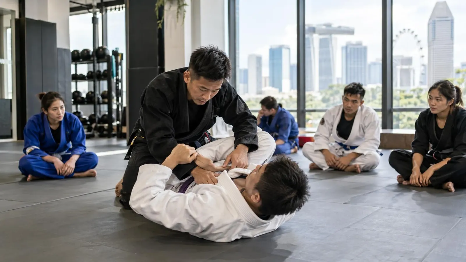 A martial arts instructor demonstrating a grappling technique to students on the mats in a bright Singapore gym