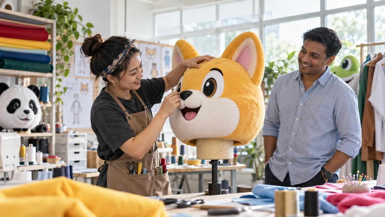Mascot Costume Makers and Suppliers: a customer and a provider in a bright, modern setting