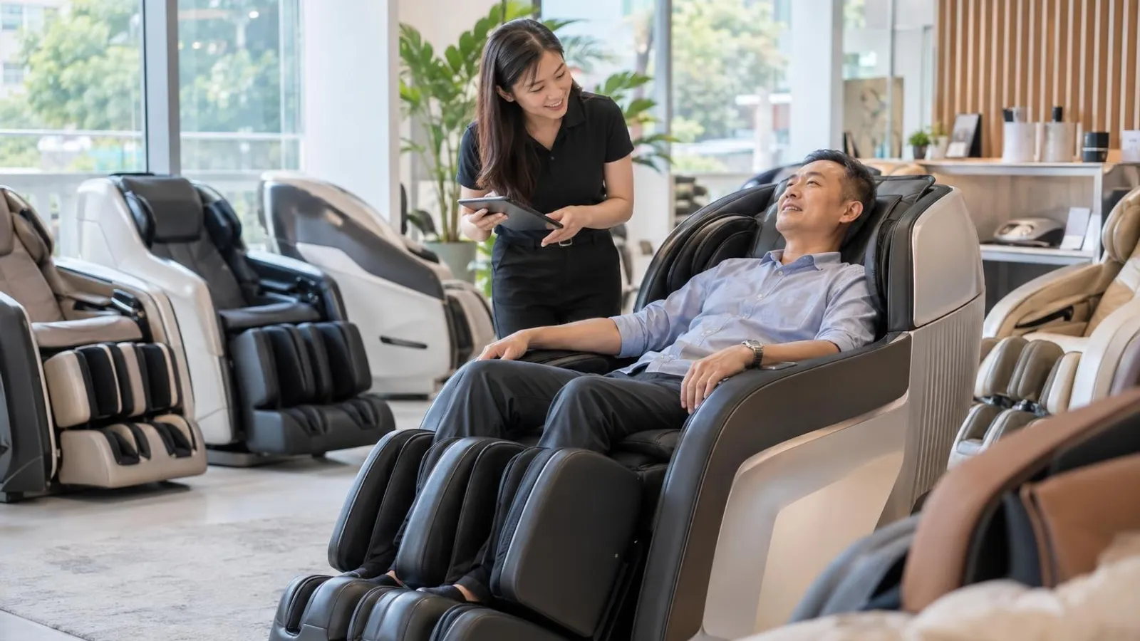 Massage Chair Shops: a customer and a provider in a bright, modern setting