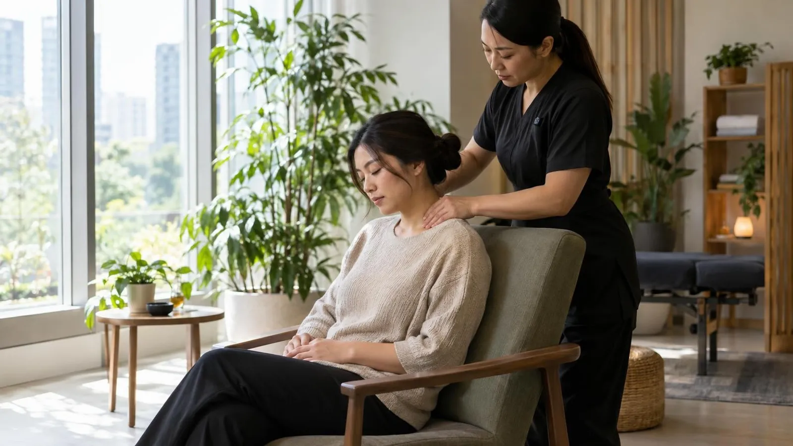 A massage therapist giving a seated, fully-clothed client a neck and shoulder massage in a calm Singapore wellness studio