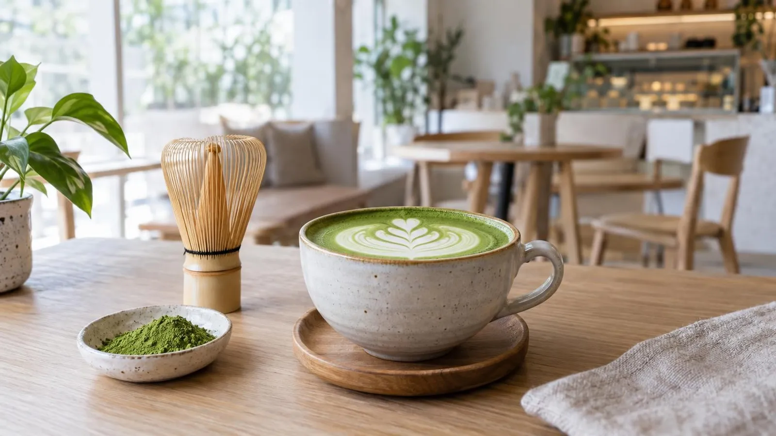A cup of vivid green matcha latte with latte art beside a bamboo whisk and matcha powder on a light wood table in a bright cafe