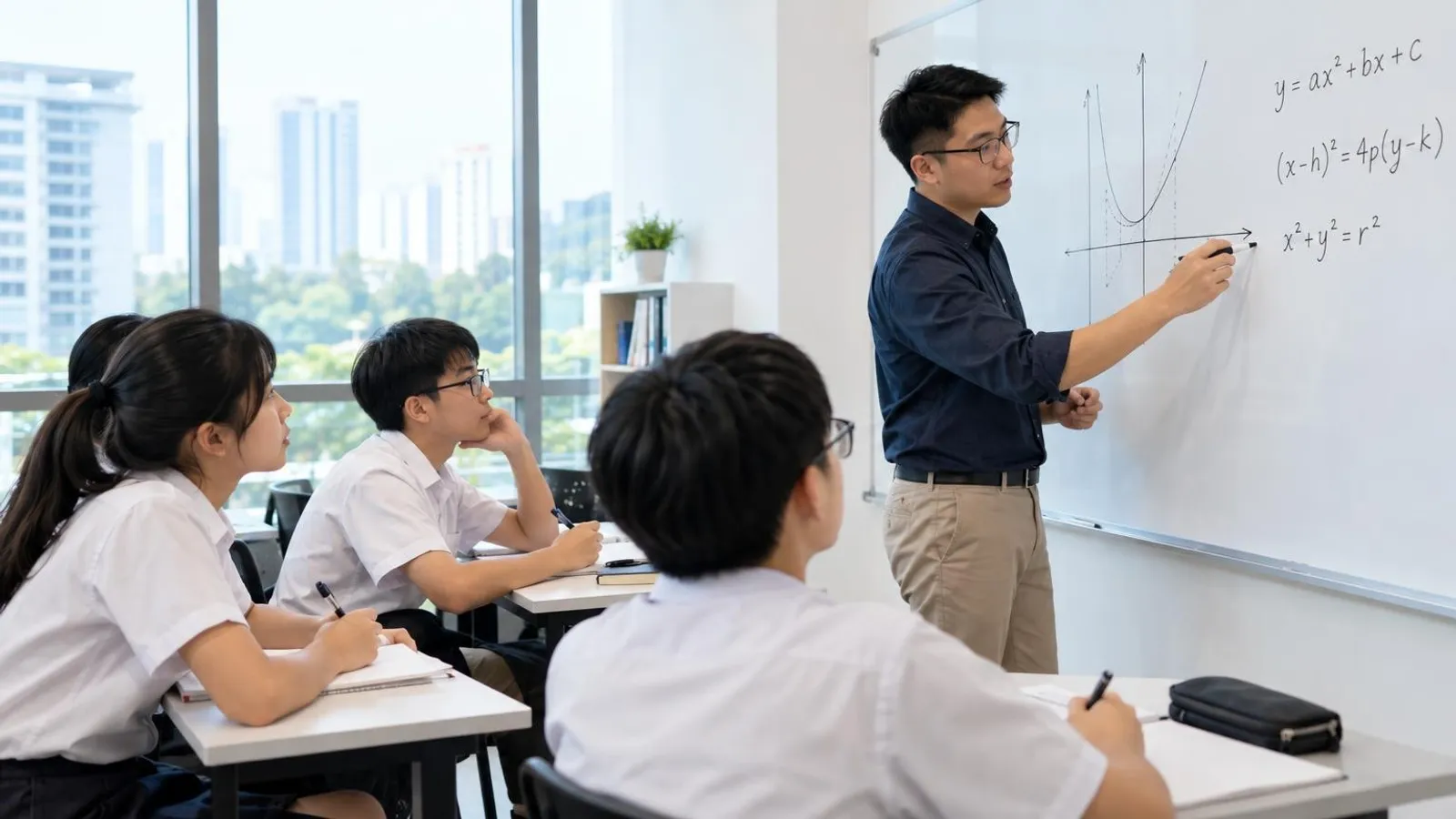 A tutor teaching maths at a whiteboard to secondary students in a bright Singapore tuition centre