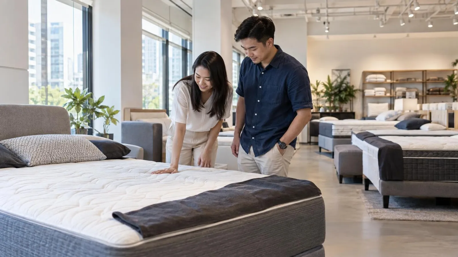 A bright mattress showroom in Singapore with several mattresses on display beds