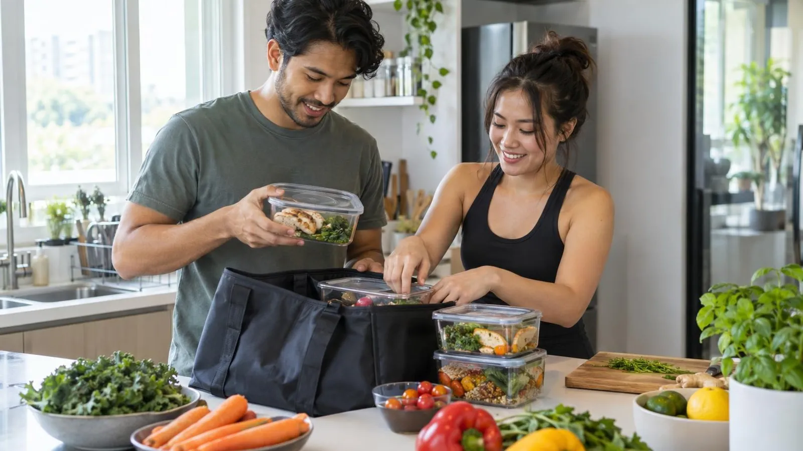 A couple unpacking fresh portioned meal-prep containers in a bright kitchen