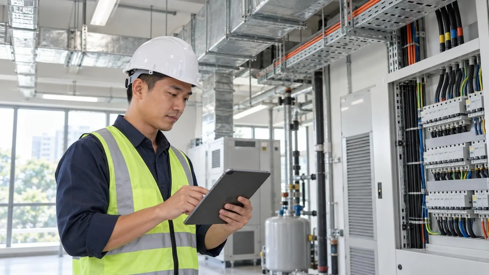 Mechanical and Electrical (M&E) Contractors: a customer and a provider in a bright, modern setting