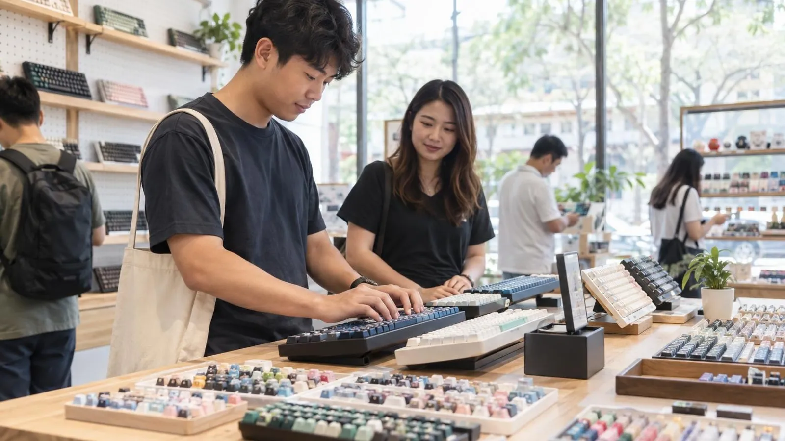 A customer trying out mechanical keyboards on a bright shop counter with keycaps displayed behind