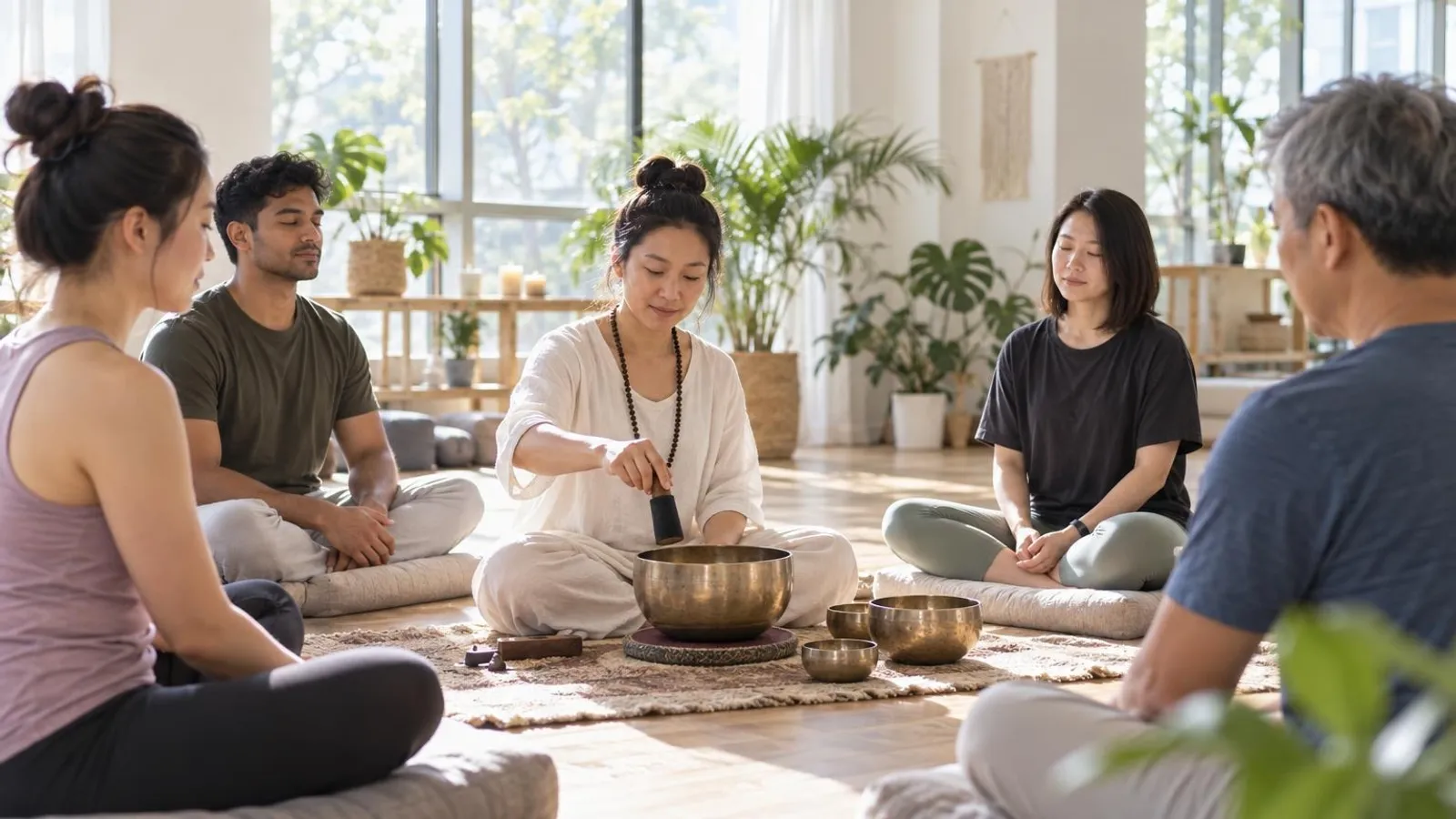 Meditation and Sound Bath Classes: a customer and a provider in a bright, modern setting