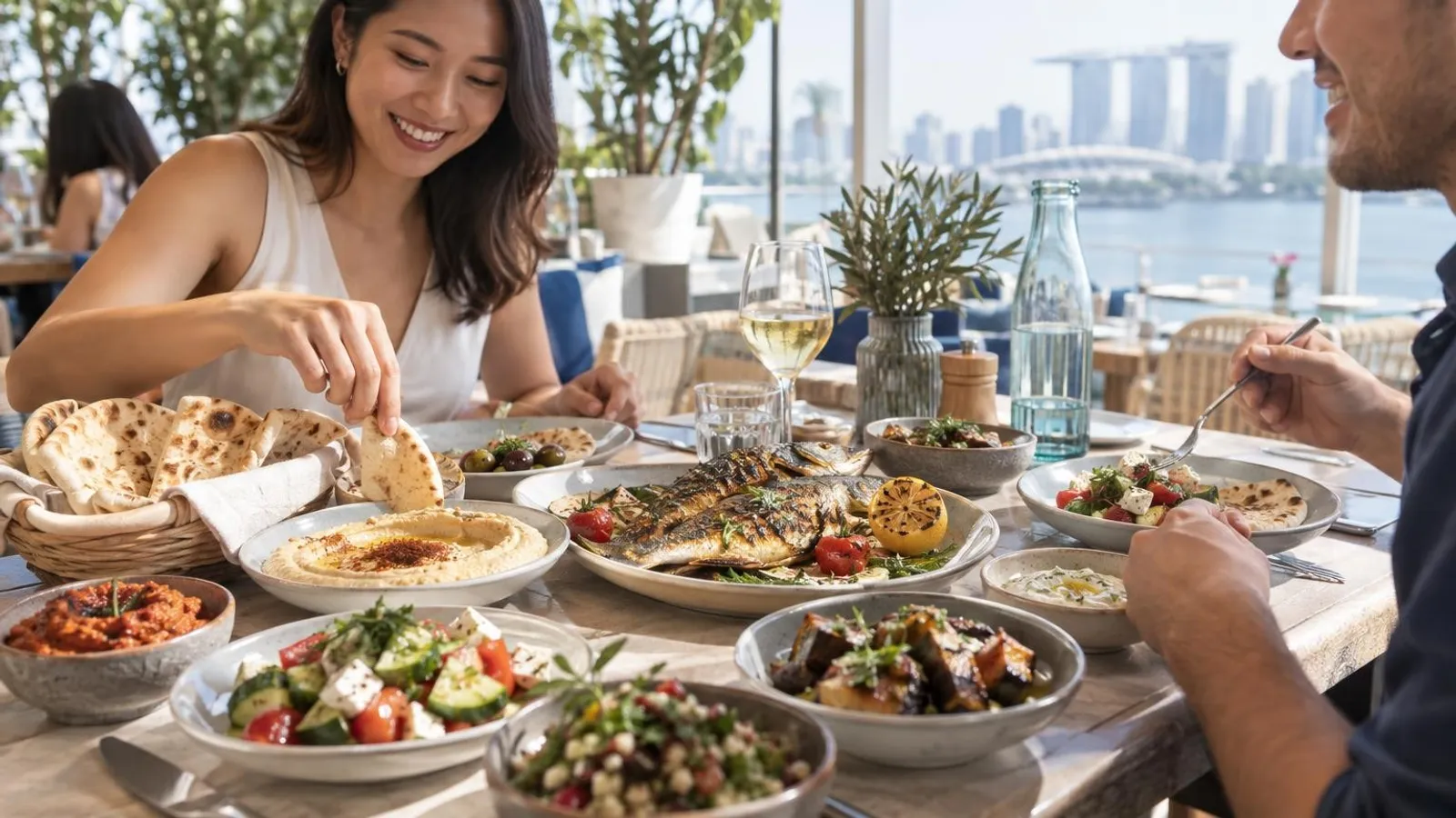 A colourful Mediterranean spread in Singapore with grilled fish, mezze, hummus and warm pita on a bright table