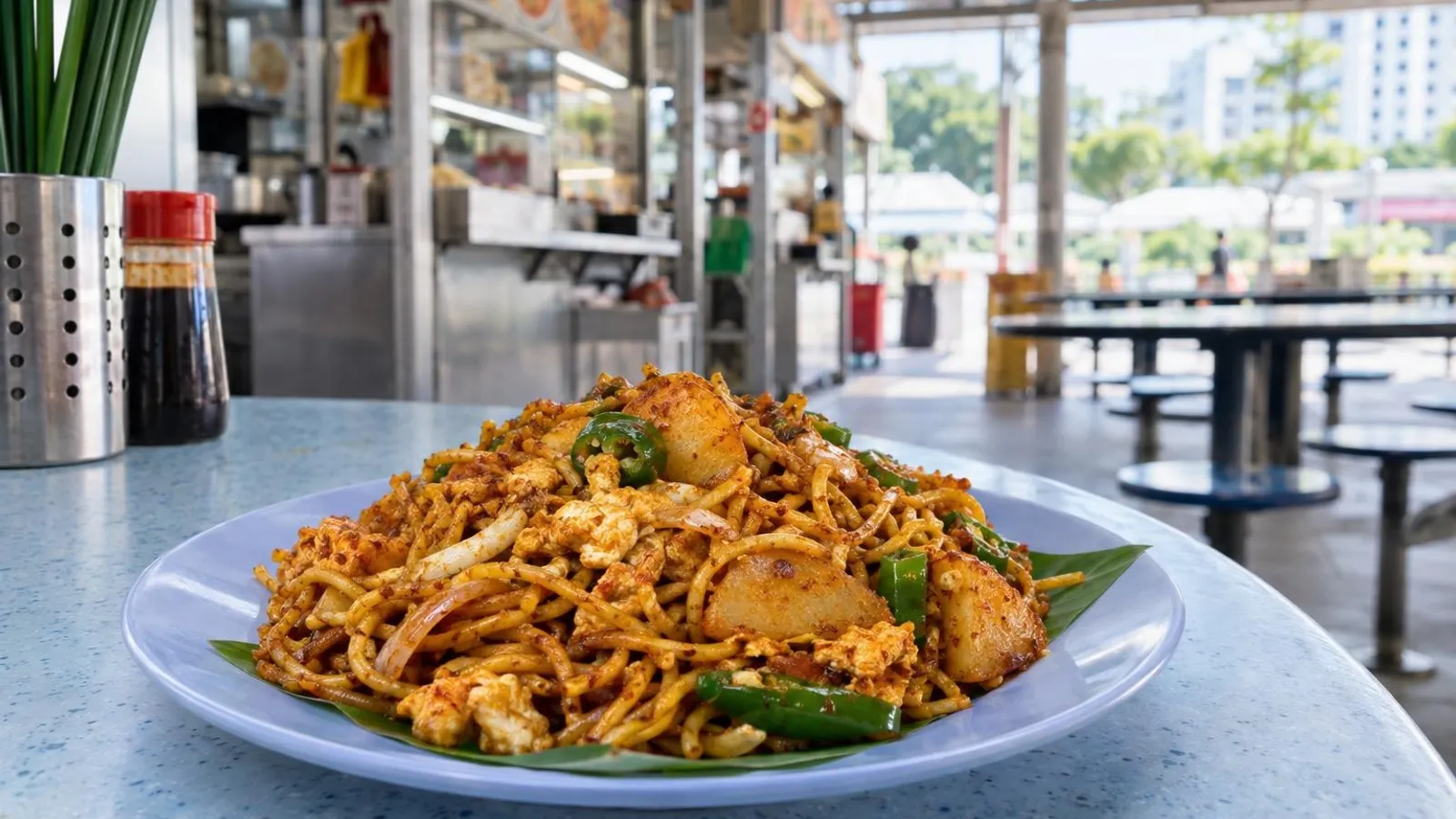 A plate of Indian-Muslim mee goreng fried yellow noodles with egg, potato and green chilli at a bright Singapore hawker stall
