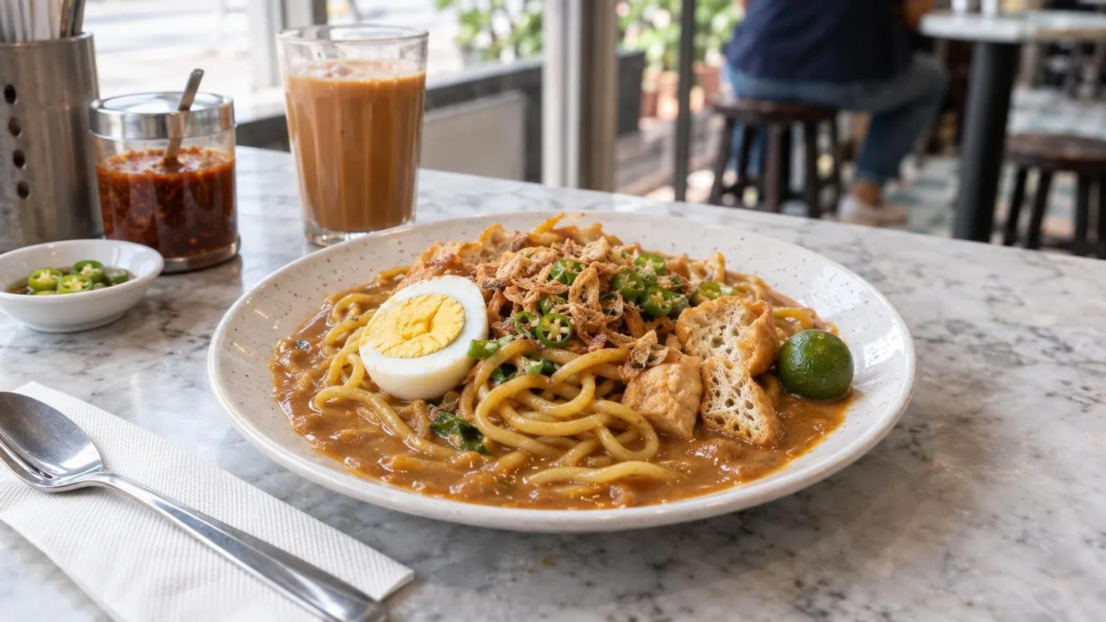 A plate of mee rebus in thick sweet-savoury potato gravy with egg and tau pok in Singapore