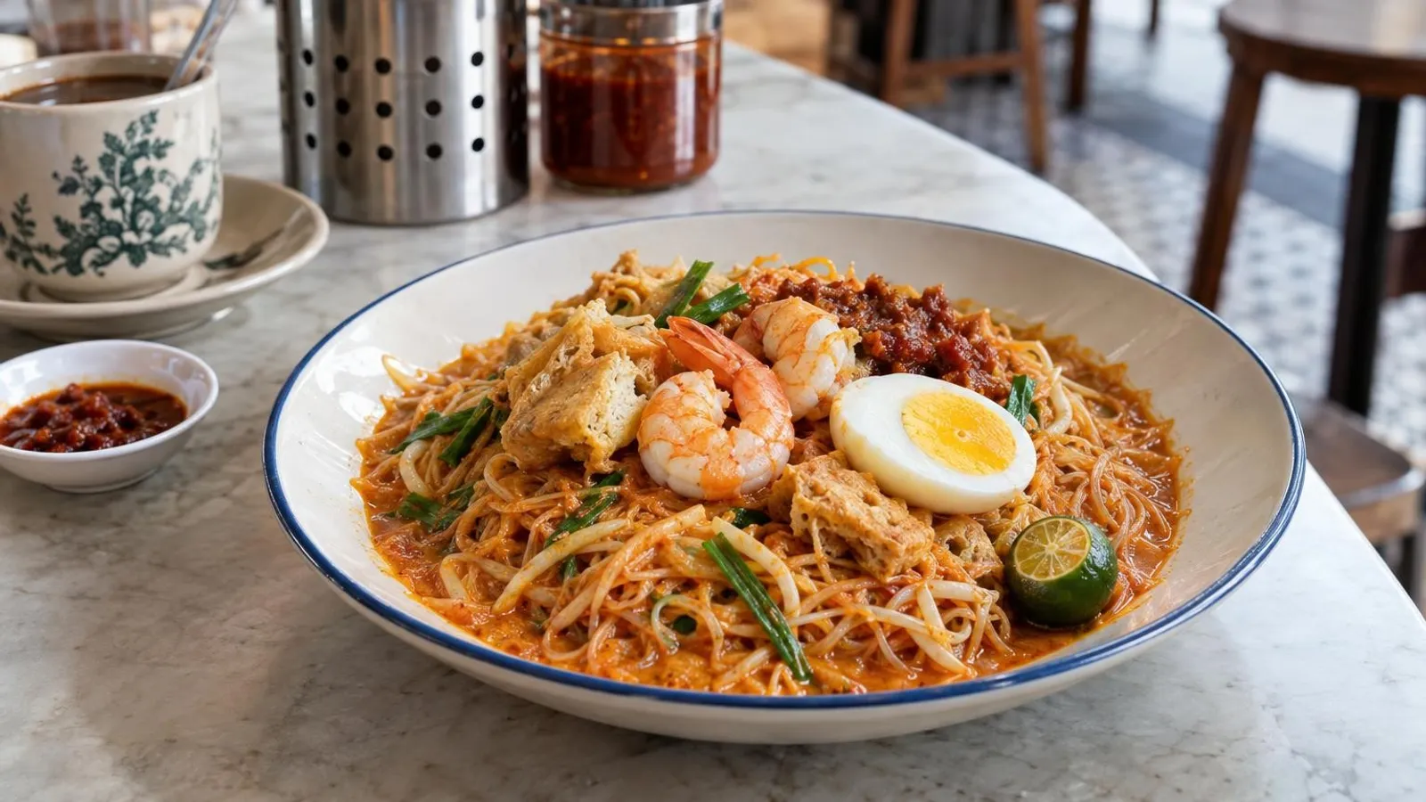 A plate of mee siam in tangy assam gravy with prawns and egg in Singapore