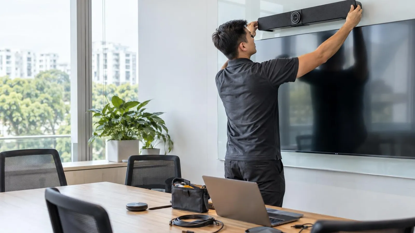 An AV technician setting up a camera and soundbar above a large display in a bright modern meeting room